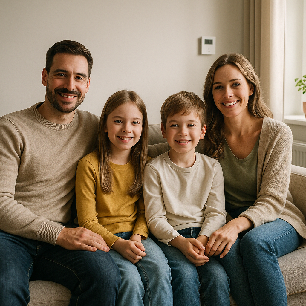 Family relaxing in an energy efficient home warmed by low carbon heating systems