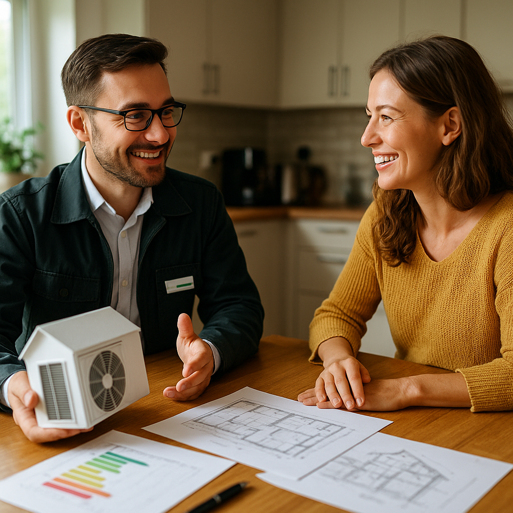 Homeowner reviewing plans for low carbon heating systems with an energy expert
