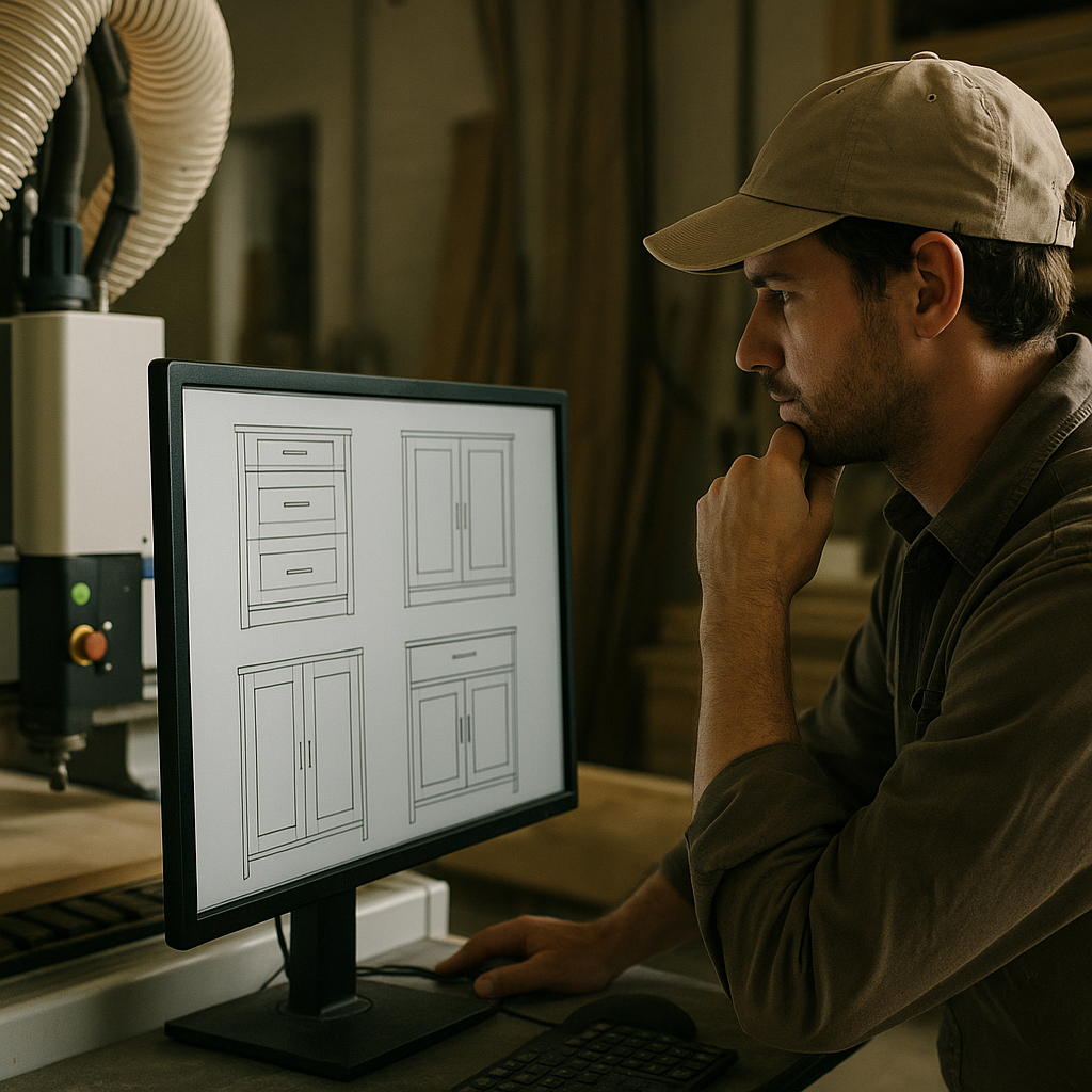 Craftsperson overseeing automation in woodworking with digital designs next to automated machinery