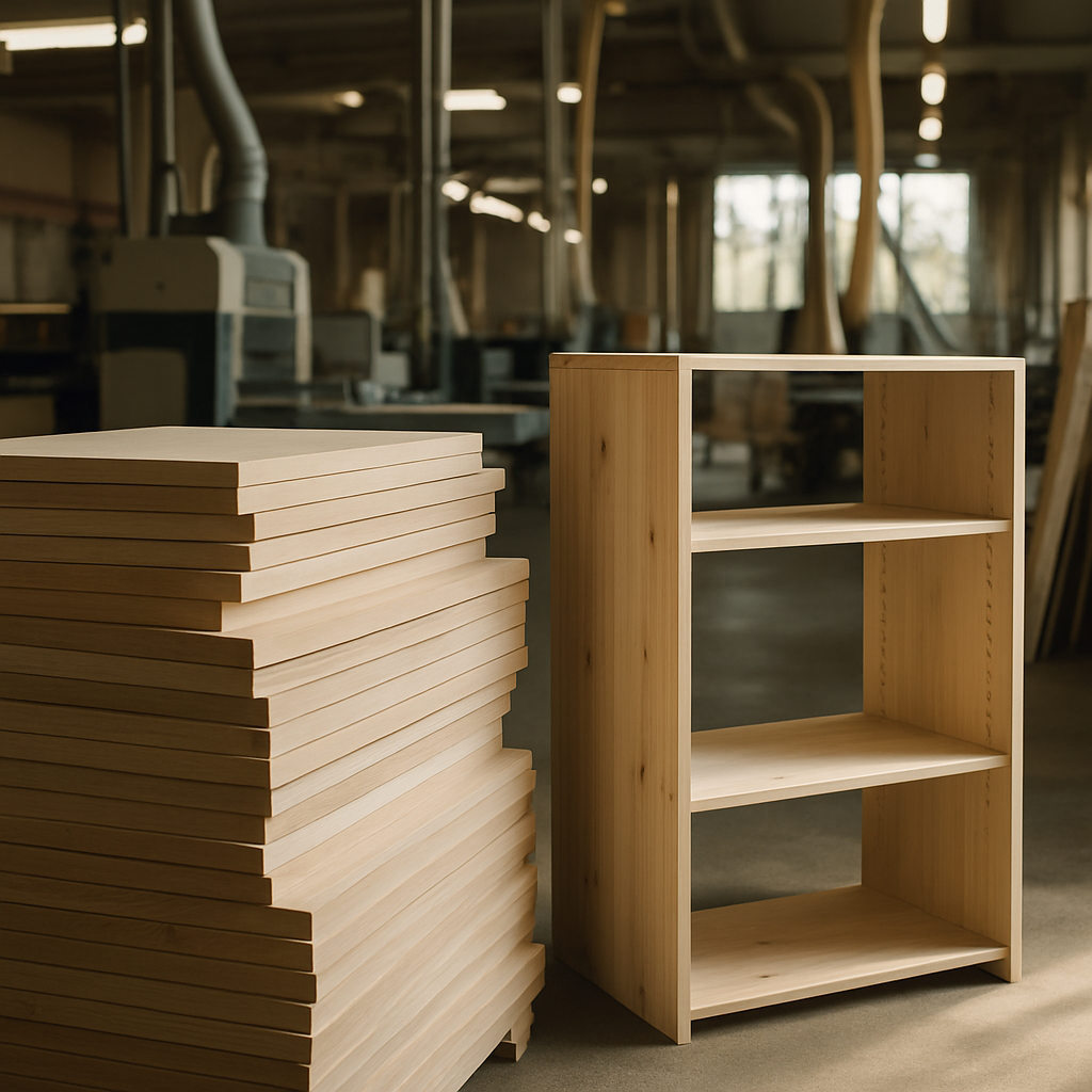 Semi-automated workshop showing automation in woodworking alongside traditional furniture assembly