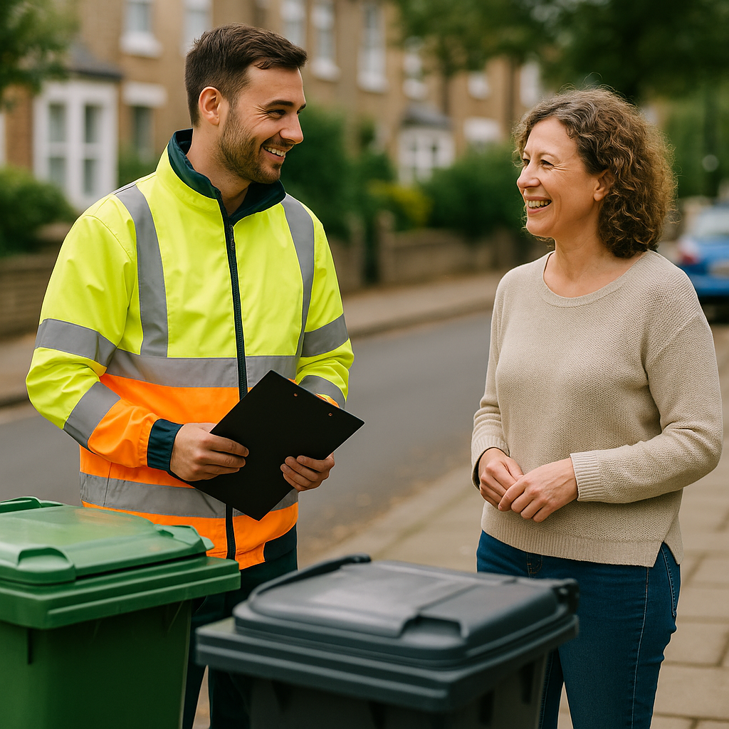 Council worker advising a resident on improving kerbside hygiene outside their home