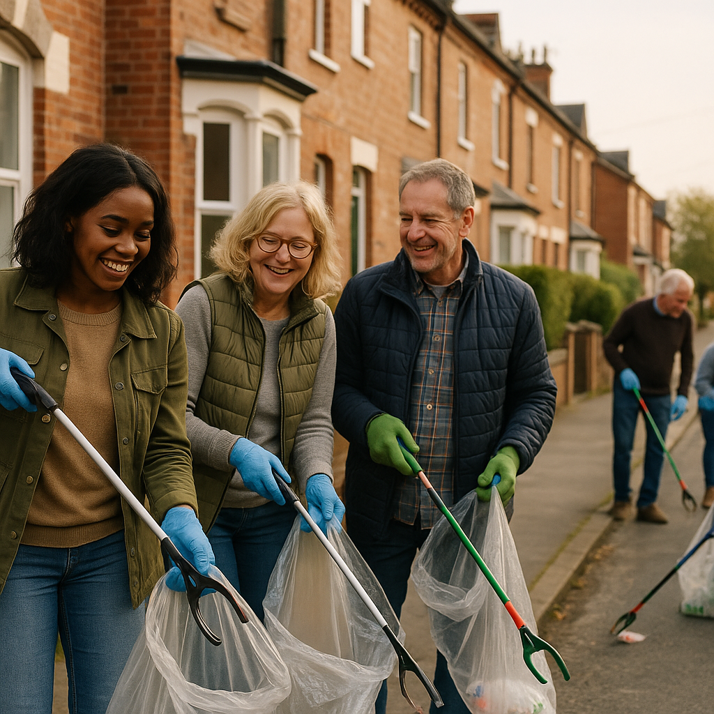 Local residents taking part in a community clean-up to boost kerbside hygiene