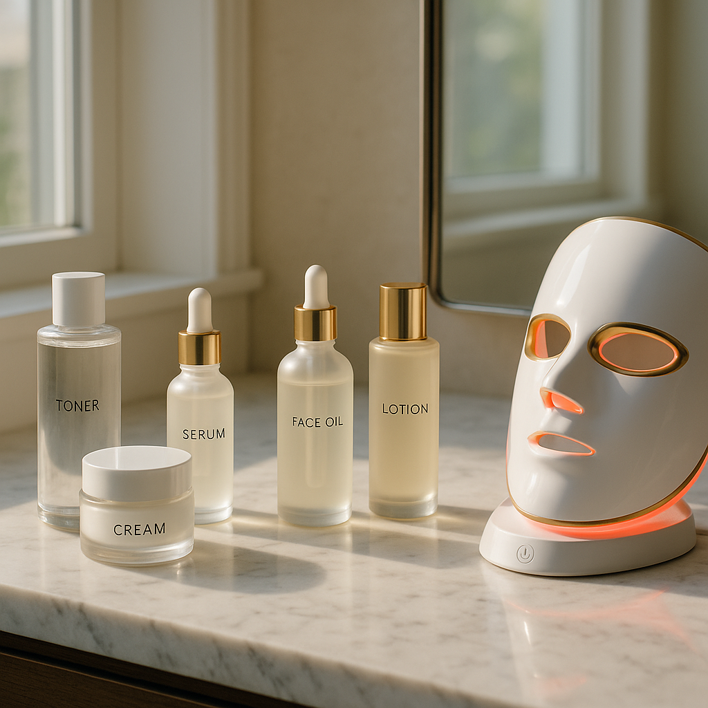 Luxury bathroom shelf featuring skincare products and an LED light therapy at home device