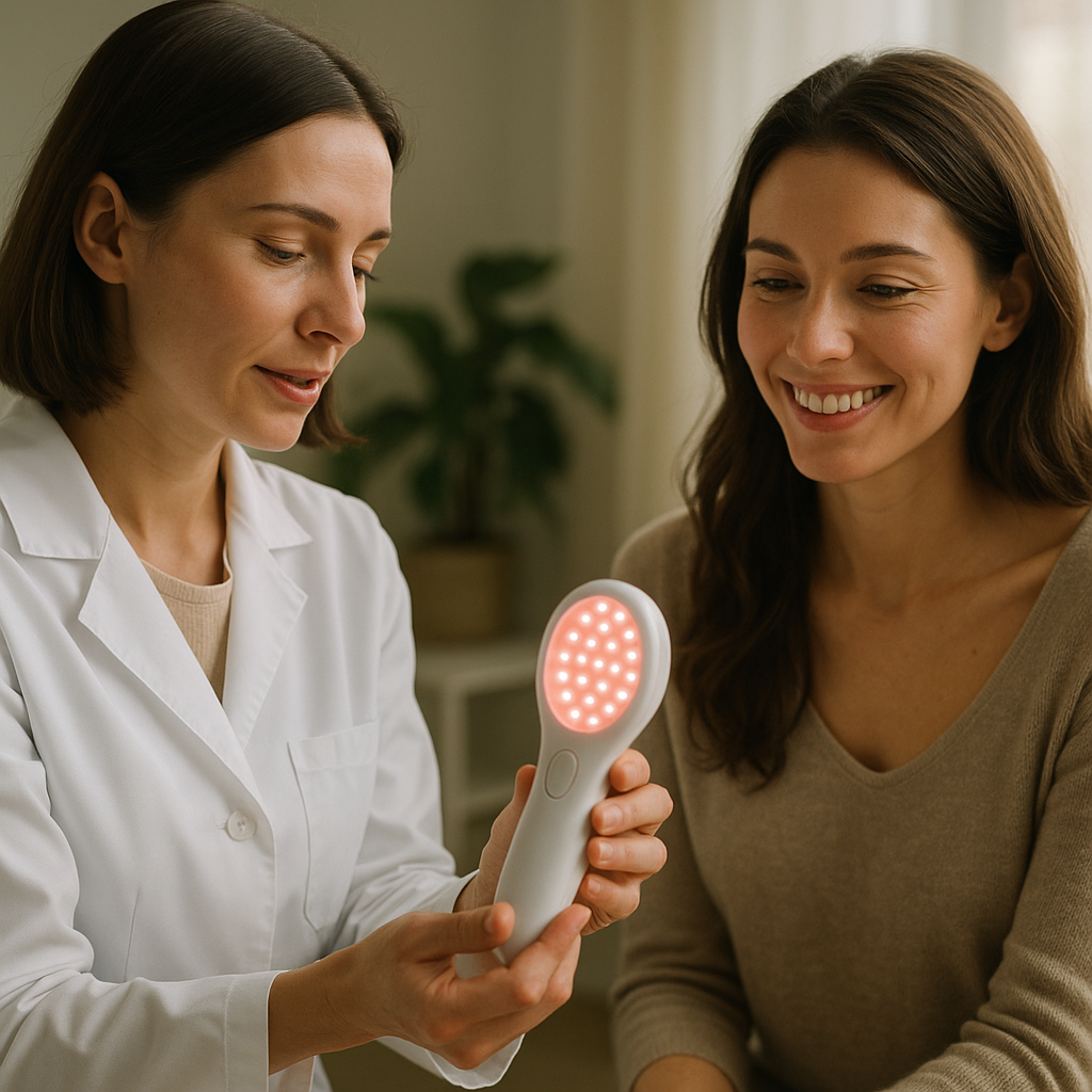 Dermatology expert explaining LED light therapy at home to a client in a clinic-style setting