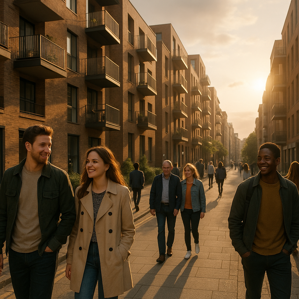Modern city apartments on a busy street illustrating UK rental price trends