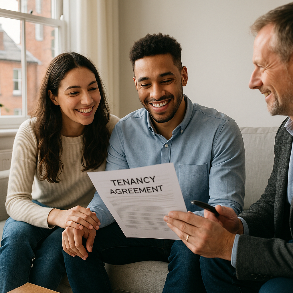 Tenants negotiating with a landlord at a kitchen table discussing UK rental price trends
