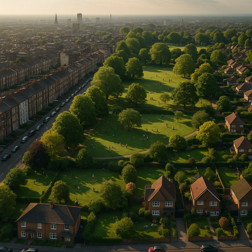 Aerial view of mixed UK neighbourhoods showing regional differences in UK rental price trends