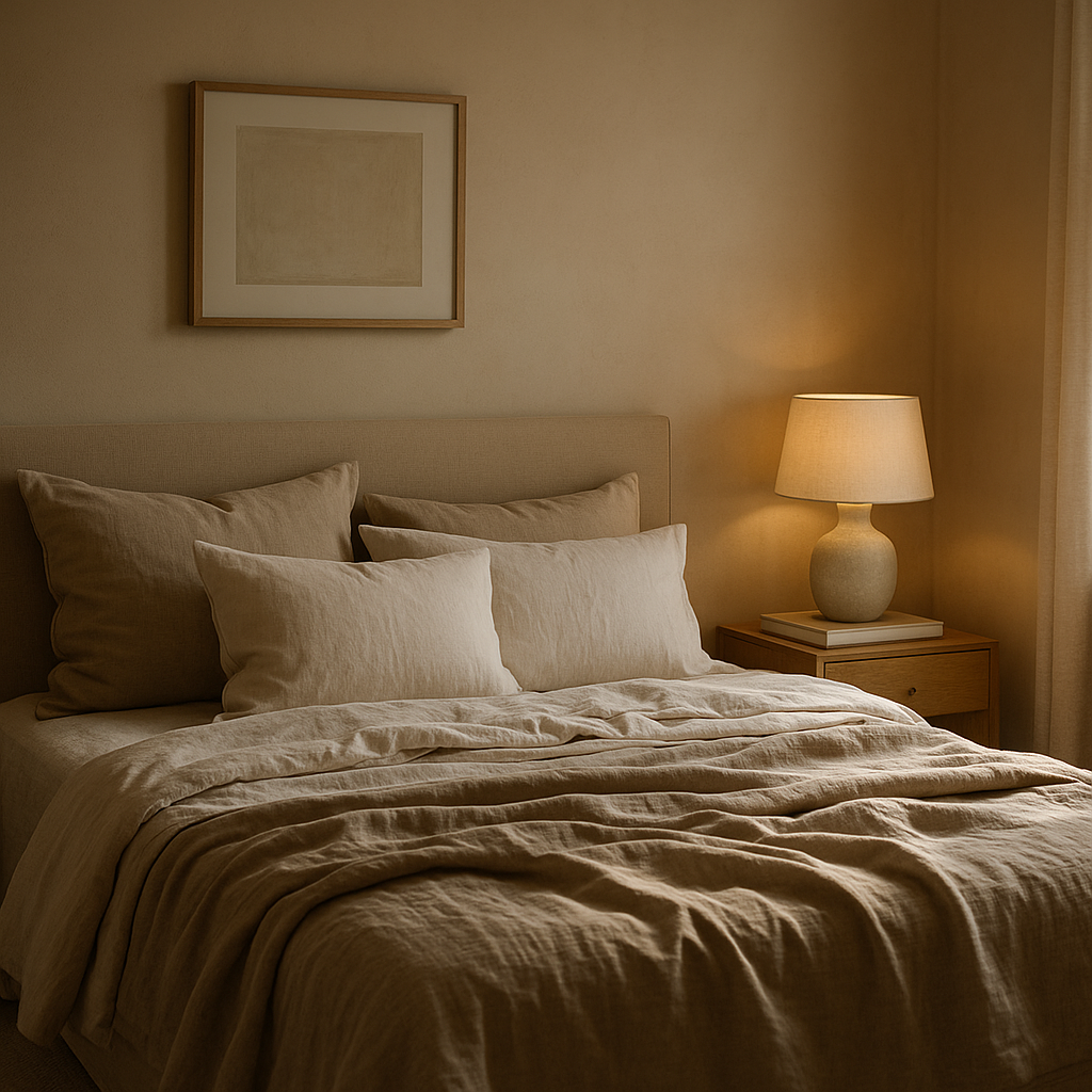 Serene bedroom with layered textures reflecting quiet luxury home style