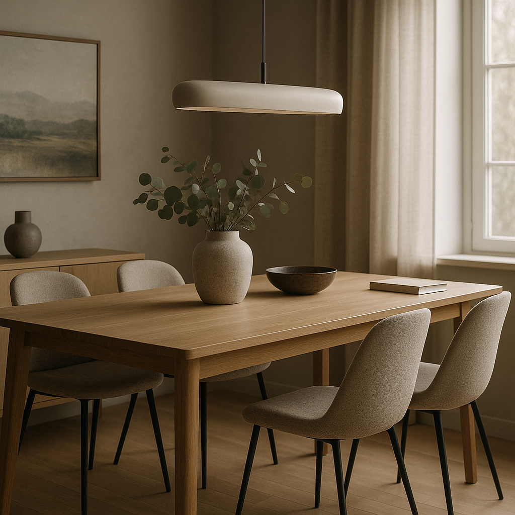 Refined dining space featuring textures and tones of a quiet luxury home