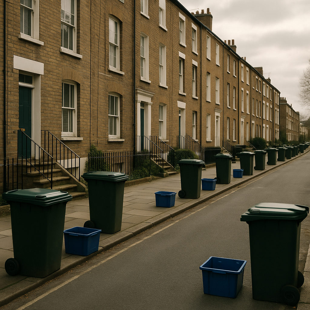 UK residential street with organised kerbside bins illustrating household waste management systems