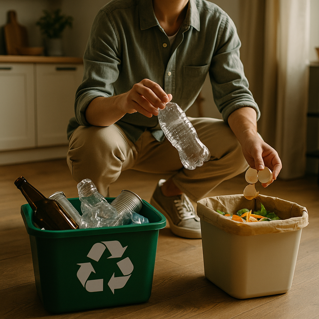 Person sorting kitchen recycling as part of thoughtful household waste management at home
