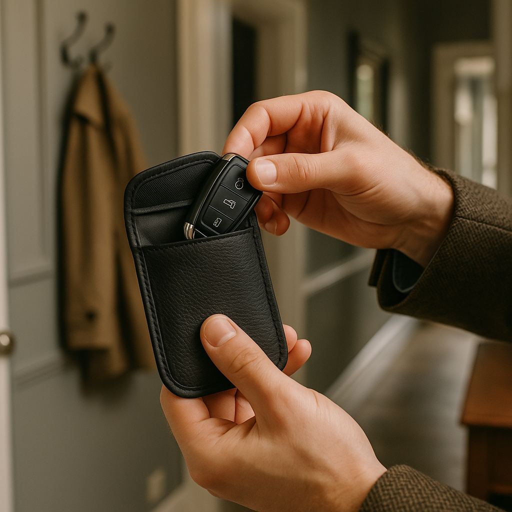 Driver protecting their vehicle from keyless entry theft by storing the key fob in a Faraday pouch