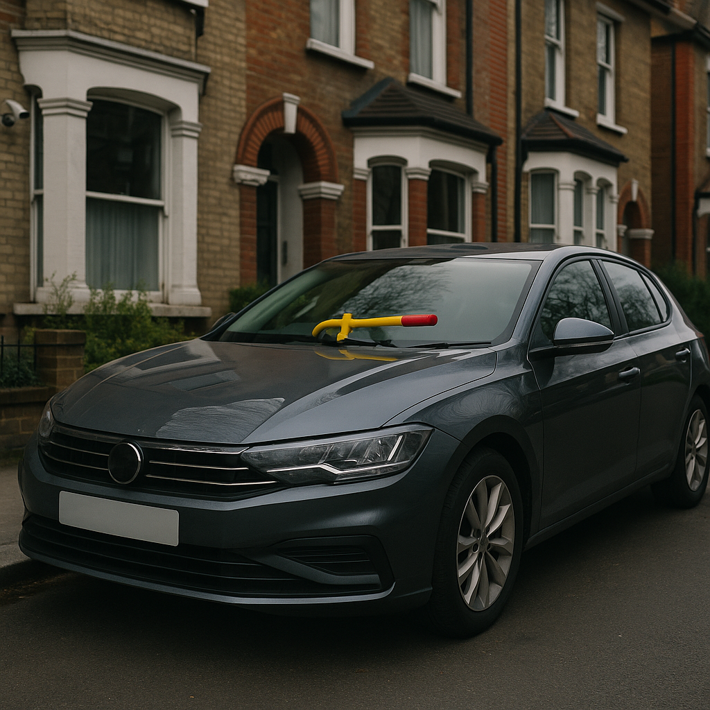 Visible steering lock and CCTV used together to deter keyless entry theft on a residential street