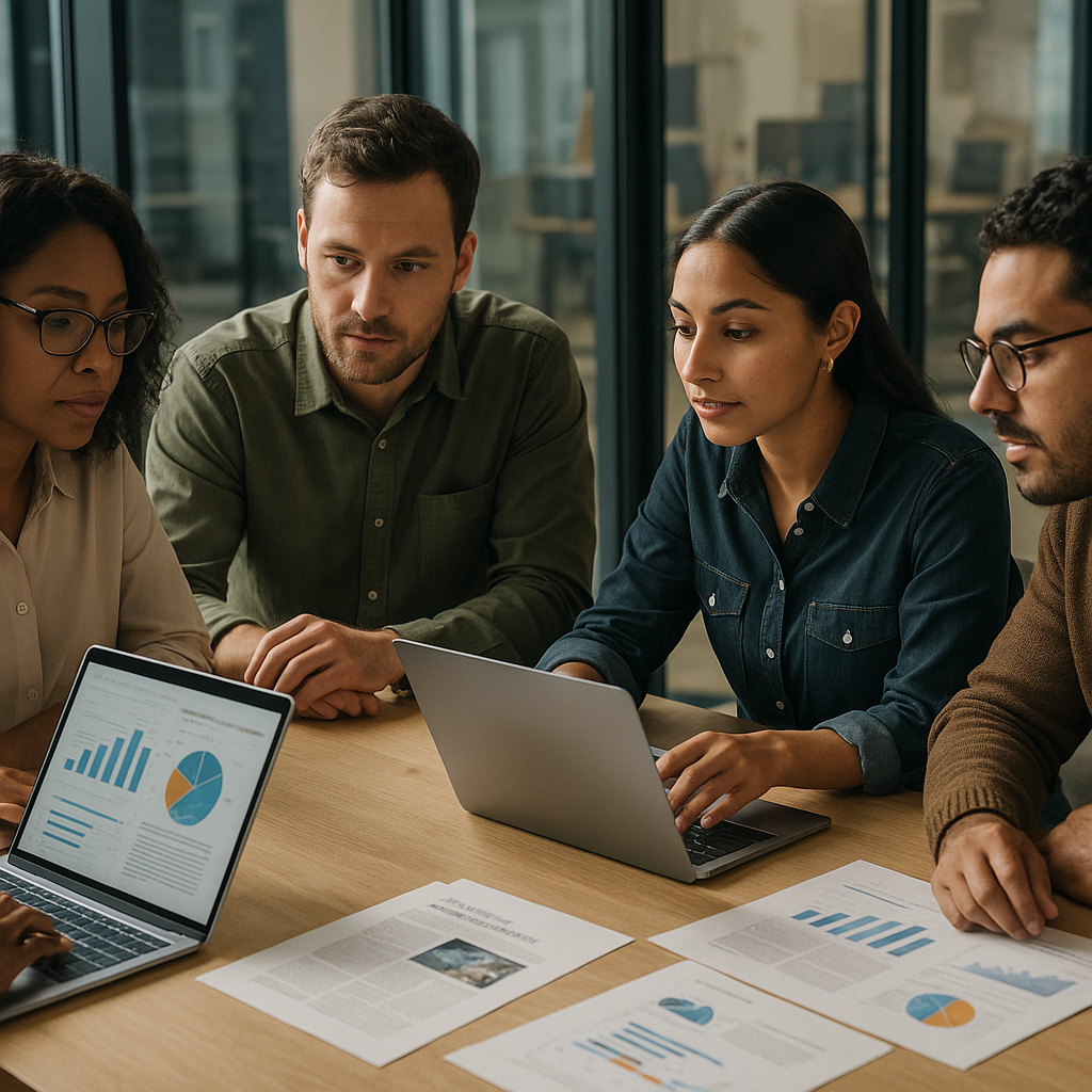 Communications team mapping out digital PR strategies using online coverage reports