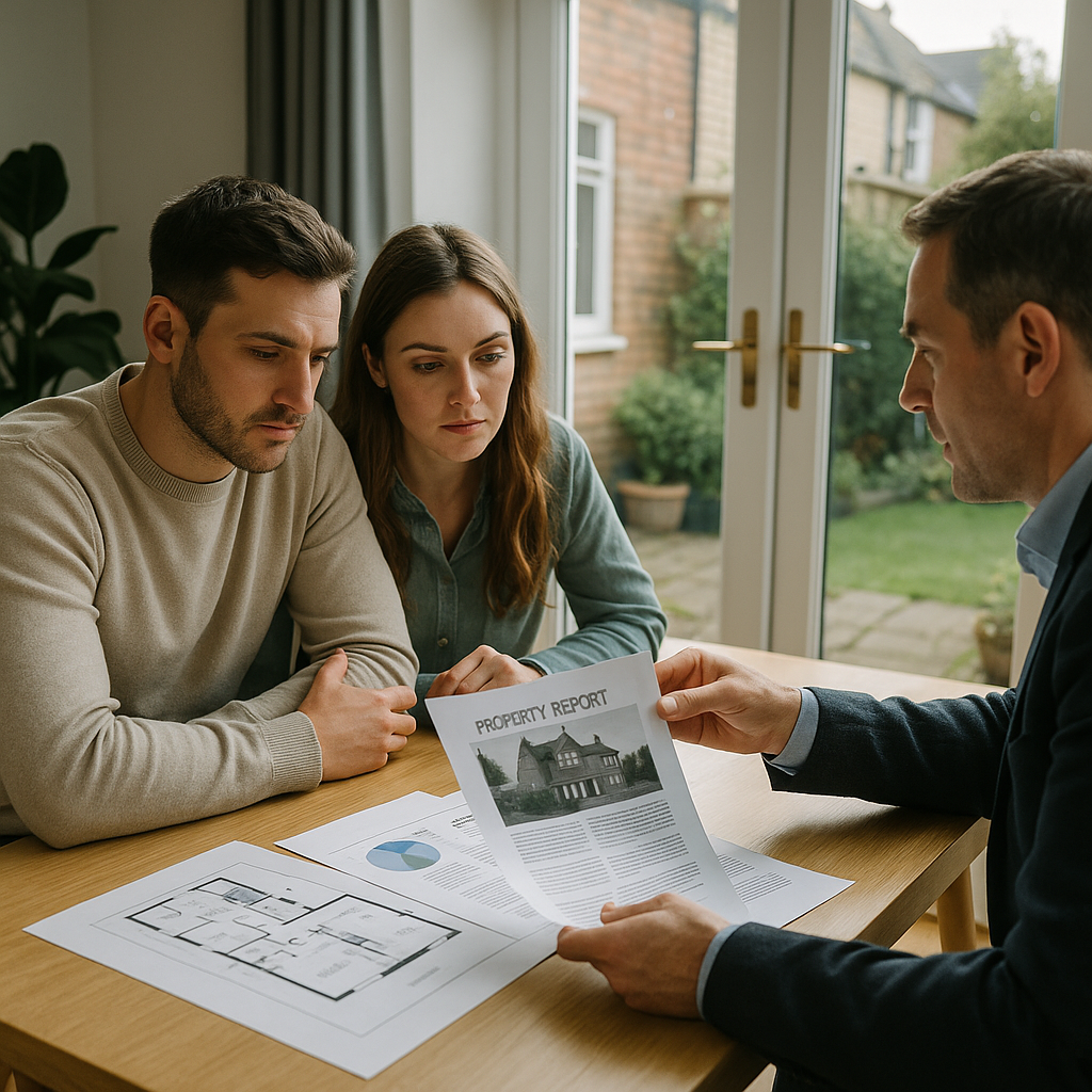 Homebuyers discussing report findings from asbestos surveys in UK homes
