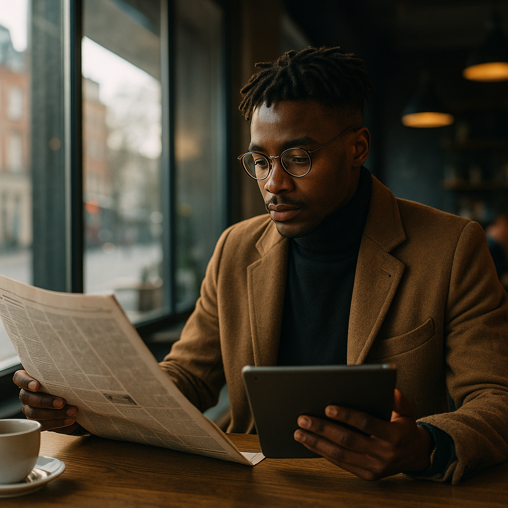 Person in a London café practising how to read the news smarter with print and digital sources