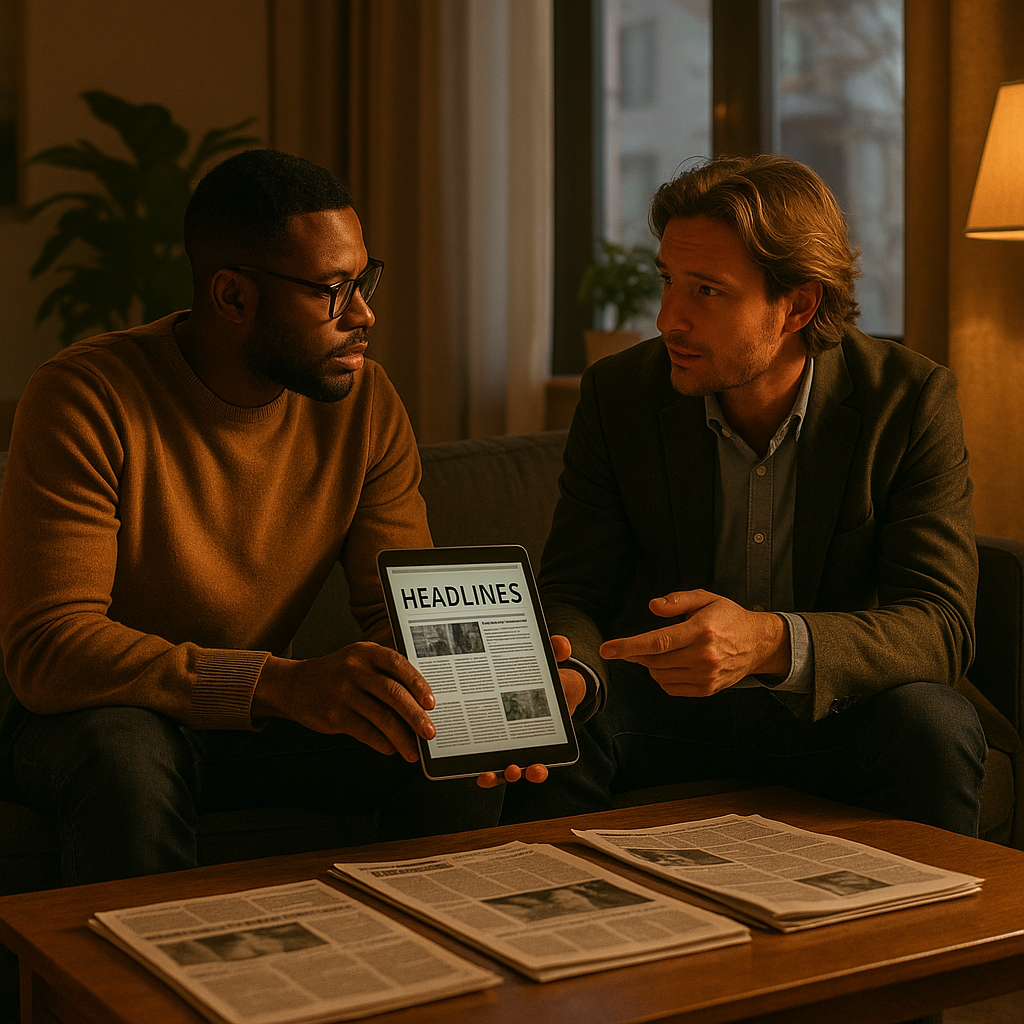 Friends talking about current affairs as part of learning how to read the news smarter