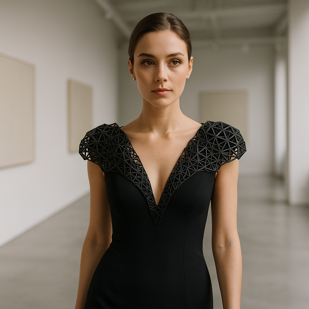Model showcasing an evening gown enhanced with 3D printed fashion detailing