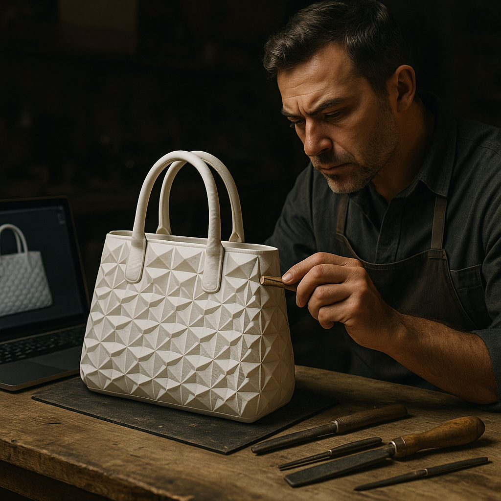 Artisan refining a luxury handbag created using 3D printed fashion techniques