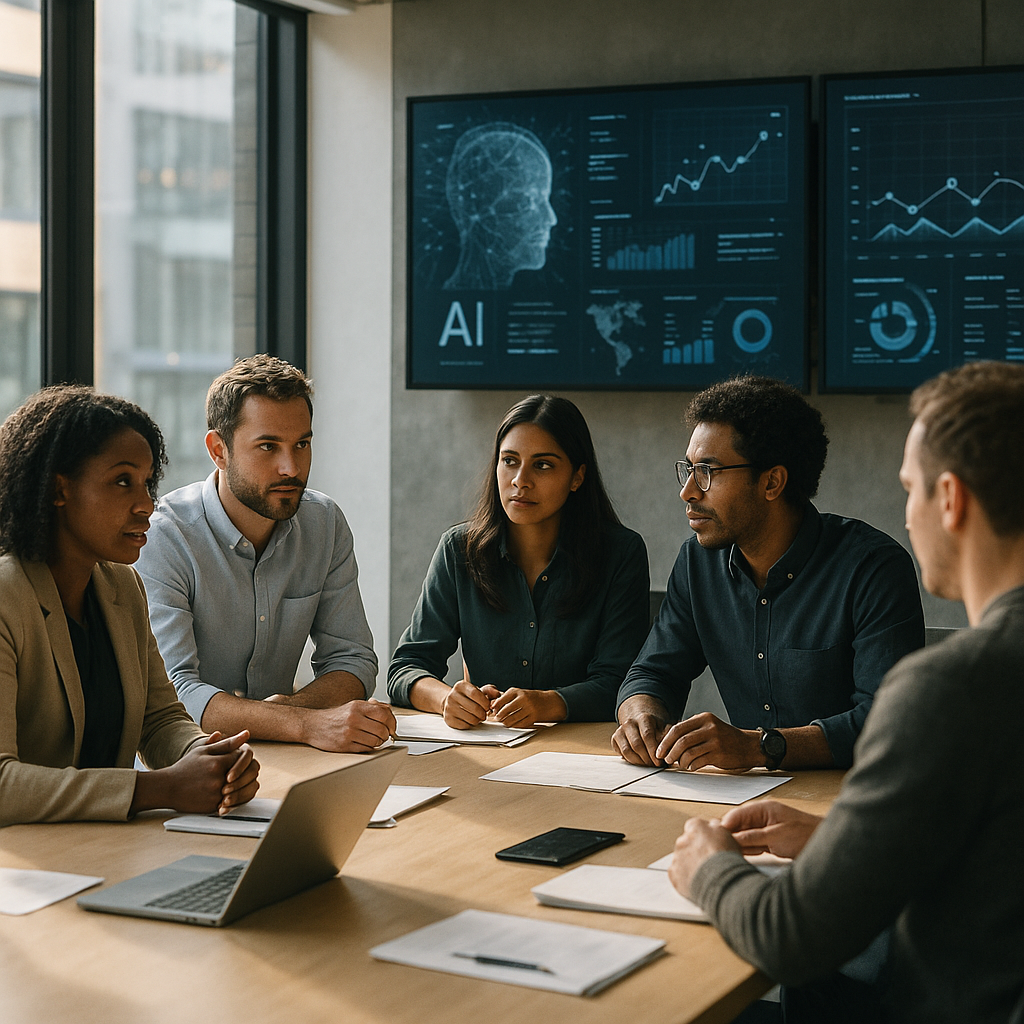 Modern office meeting showing professionals using AI in the workplace on shared screens