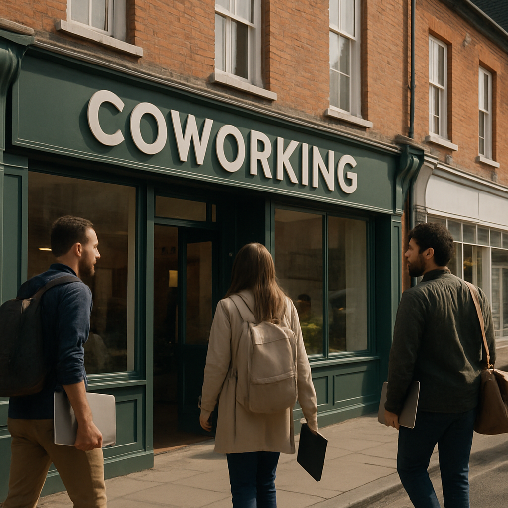 Suburban coworking space on a UK high street illustrating the growth of remote work hubs