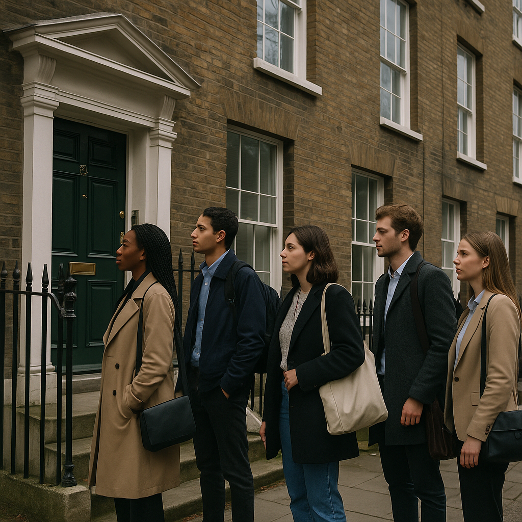 Young professionals waiting on a London street for a flat viewing amid a tight UK rental market