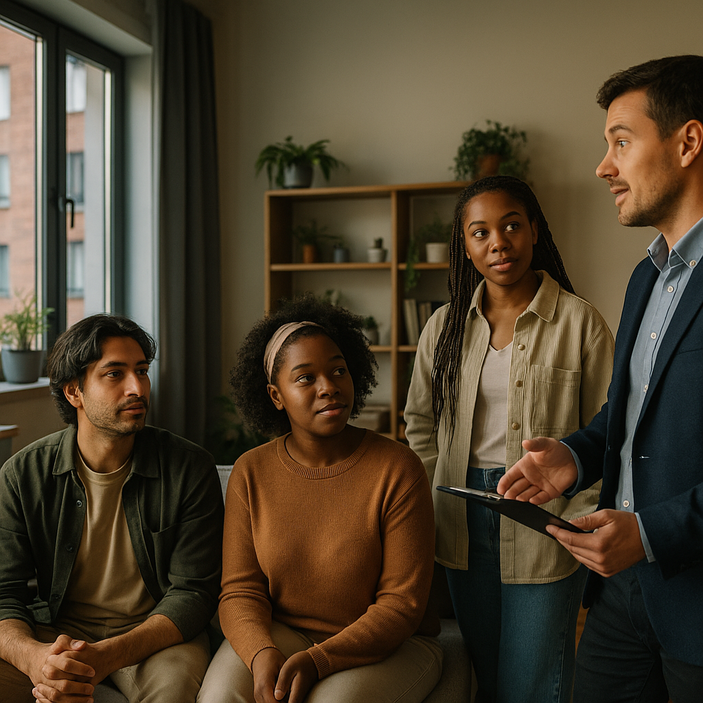 Crowded viewing inside a small city apartment illustrating competition in the UK rental market