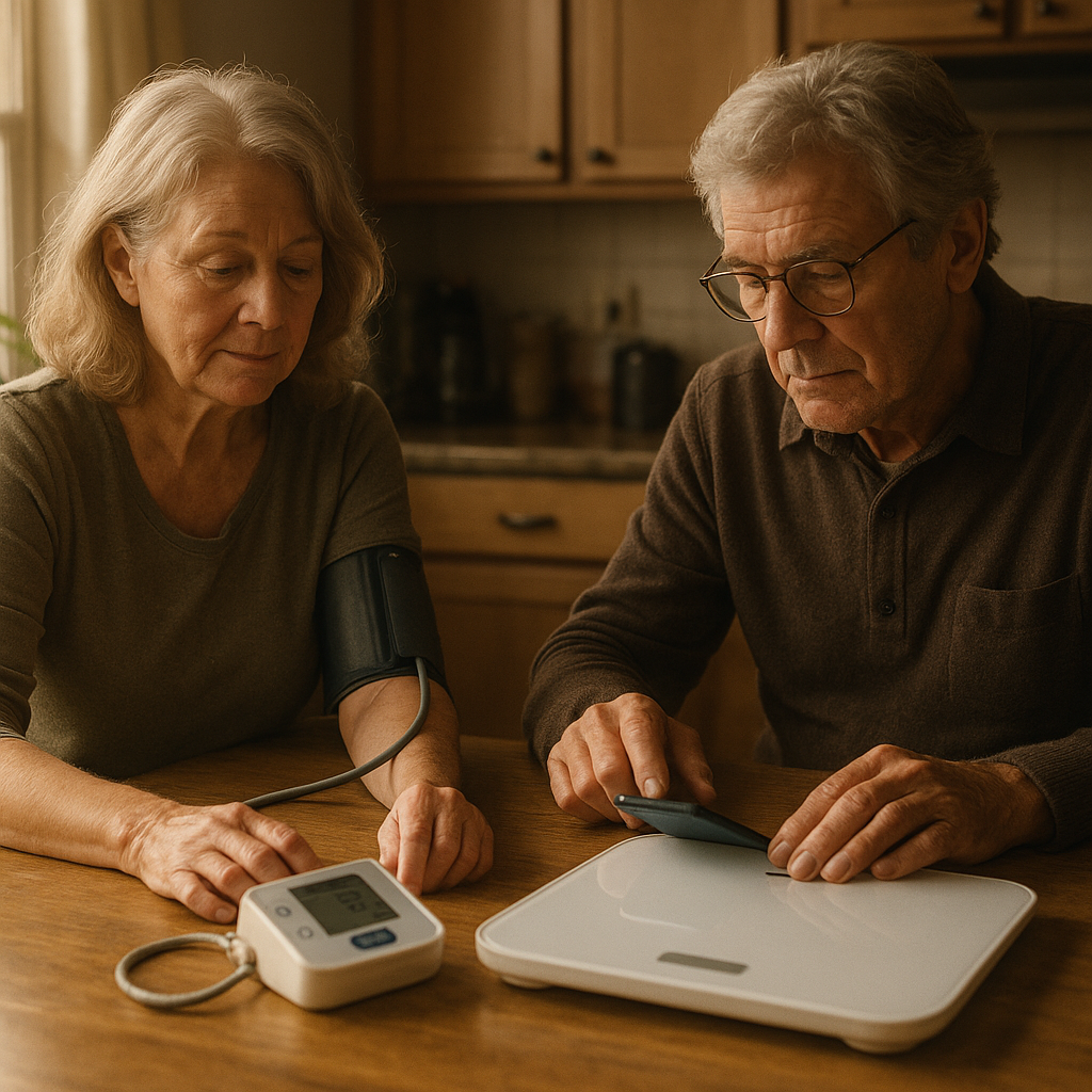 Older couple using home devices for remote health monitoring of blood pressure and weight