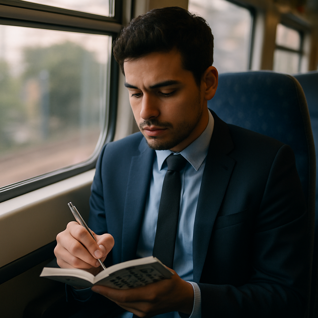 Commuter enjoying micro-hobbies on a train with a compact puzzle book during a short journey.