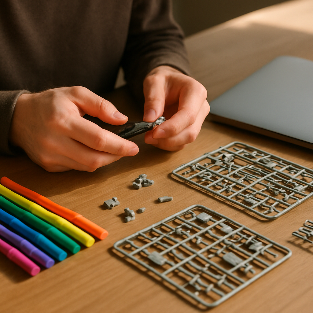 Tidy workspace where a person balances work and micro-hobbies with a tiny model kit beside a laptop.