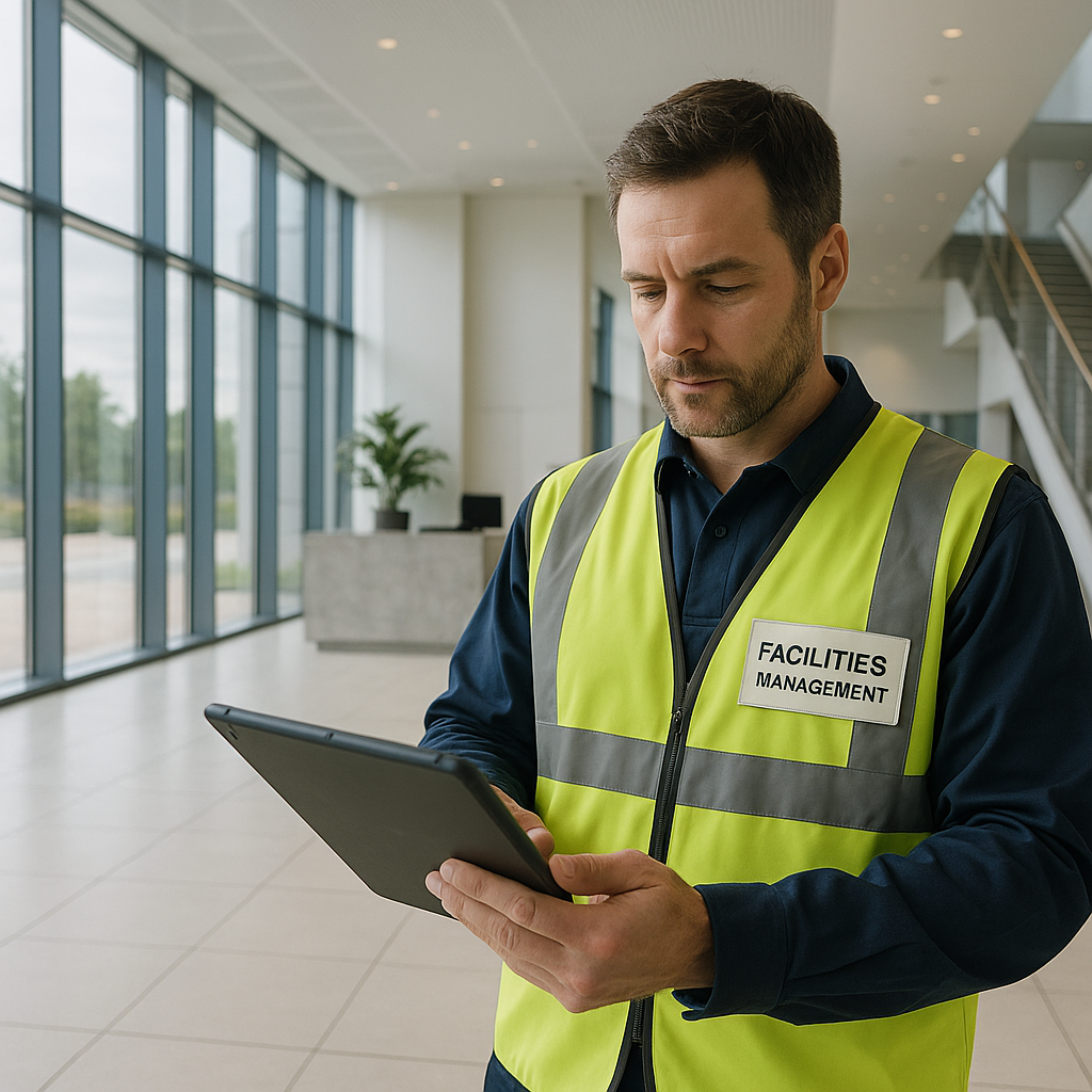 Facilities management professional reviewing building systems in a modern British office lobby