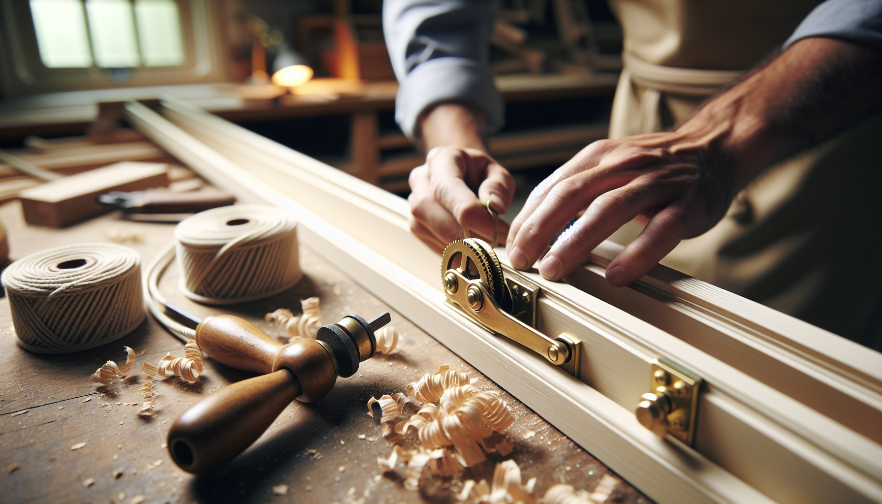 Craftsman fitting a sash cord into a timber sash window box frame in a joinery workshop