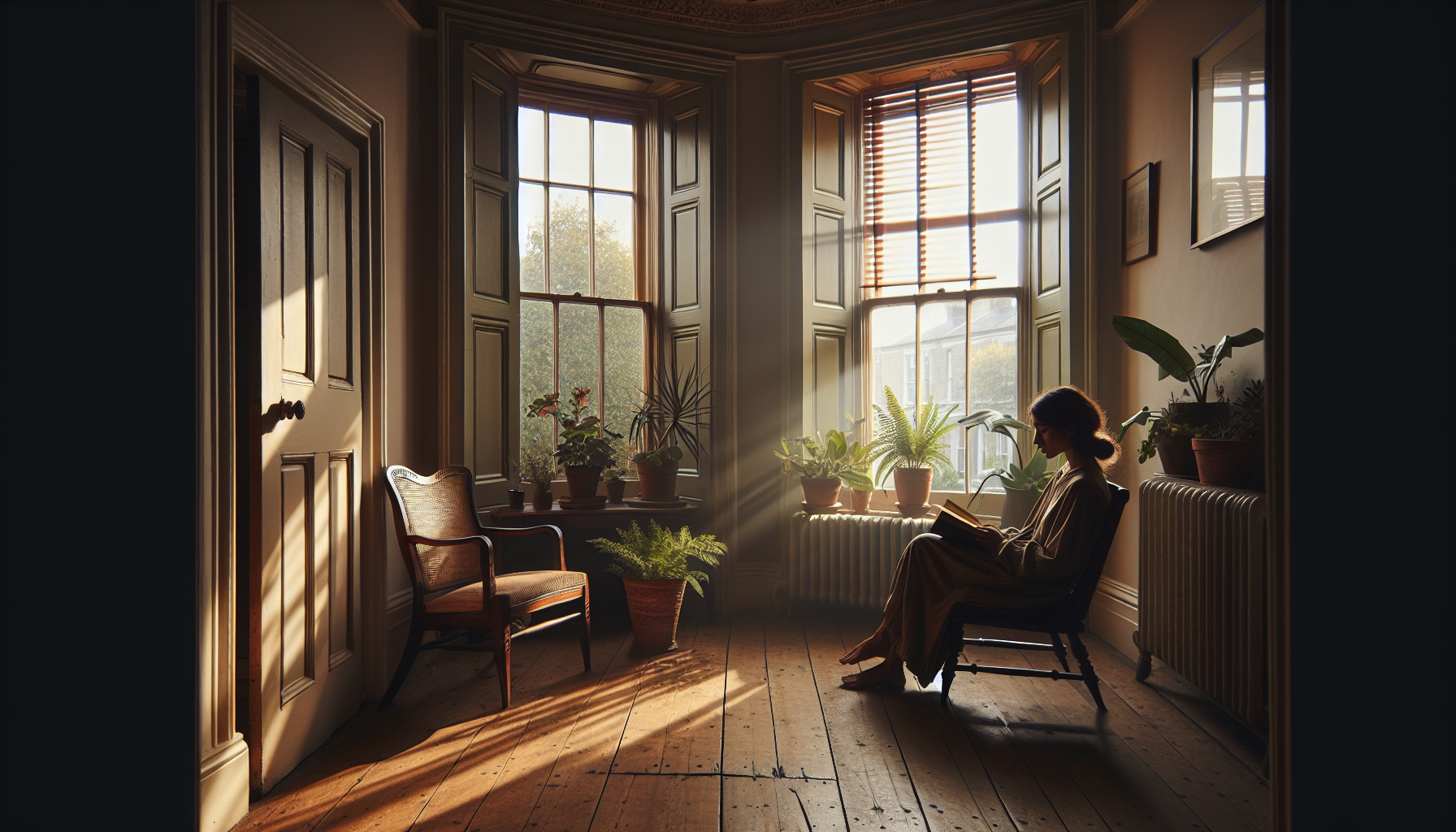 Victorian living room interior with open timber sash windows letting in natural morning light