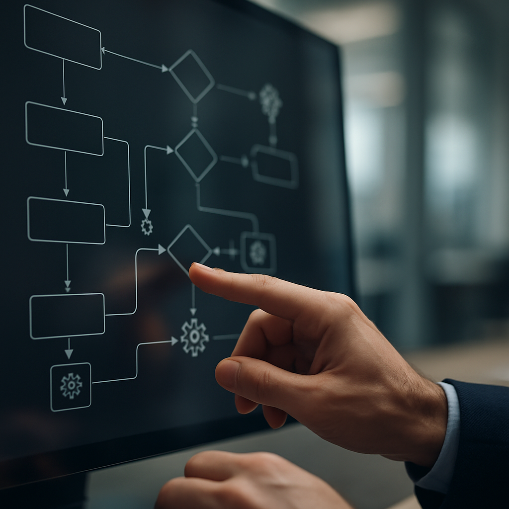 Close-up of hands navigating an agentic AI multi-step task interface on a high-resolution touchscreen