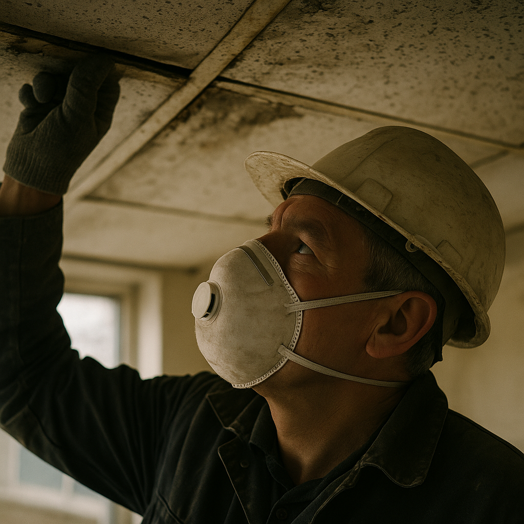 Construction worker inspecting older building materials during renovation linked to UK housing crisis 2026 retrofit work