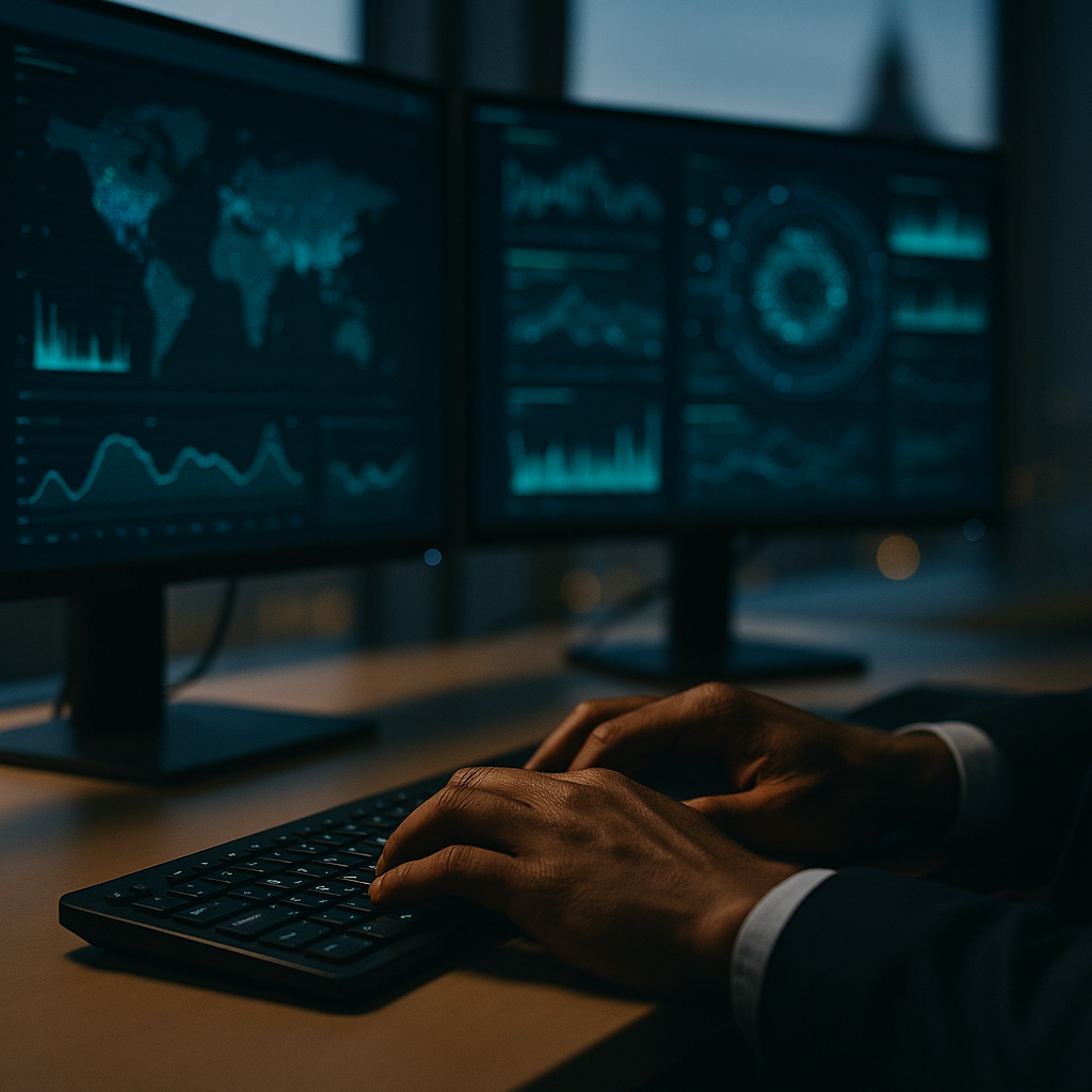 Cybersecurity analyst working at a London office, representing quantum computing breakthrough explained implications for encryption