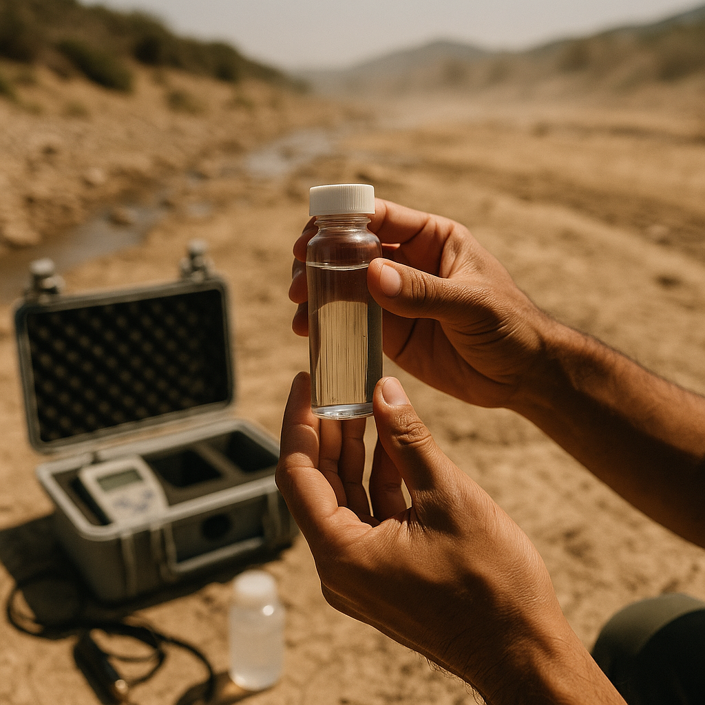 Hydrologist collecting water sample in arid region as part of global water scarcity crisis 2026 research