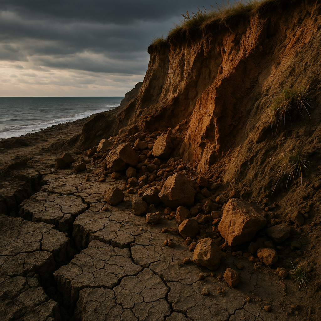 Cracked ground at cliff edge showing the physical reality of coastal erosion property UK