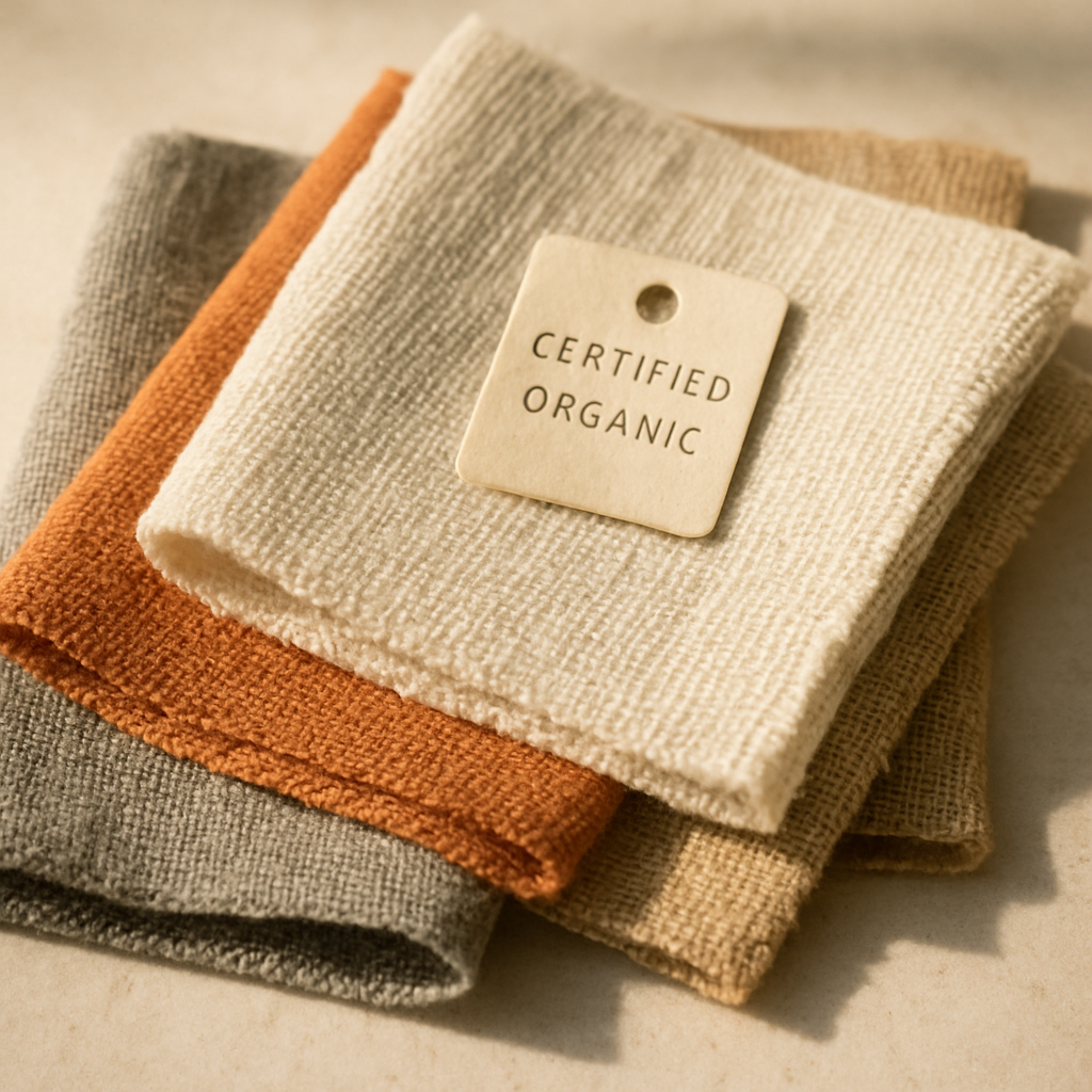 Detail shot of sustainable luxury fashion fabric swatches with organic certification tag on stone surface