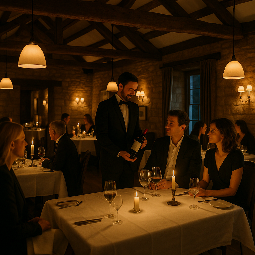 Elegant British fine dining restaurant interior during evening service, representing the best fine dining UK 2026 has to offer
