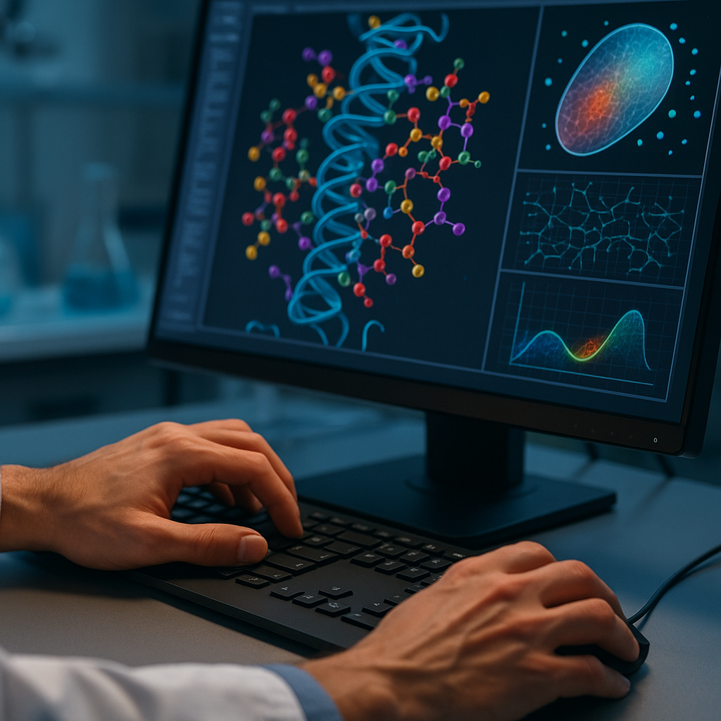 Pharmaceutical researcher using quantum computing commercial applications for molecular simulation