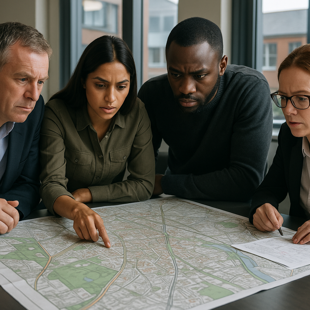 Urban planners reviewing city maps to address climate migration housing pressures