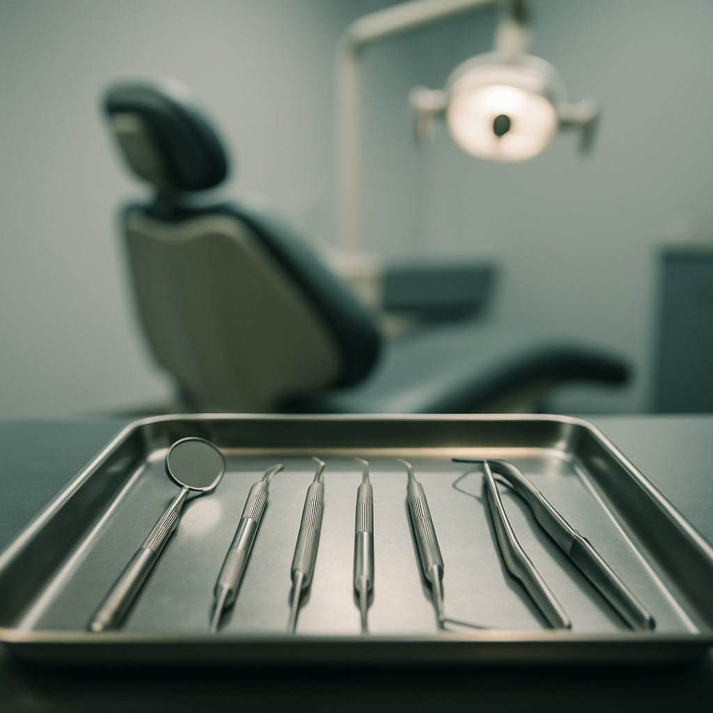 Dental instruments on a tray representing the NHS dentistry crisis and barriers to treatment