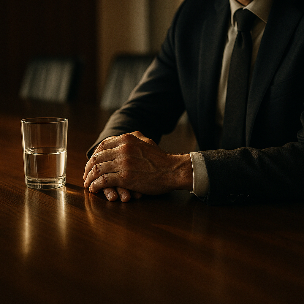 Detail shot capturing the quiet strain associated with CEO burnout mental health in a boardroom setting