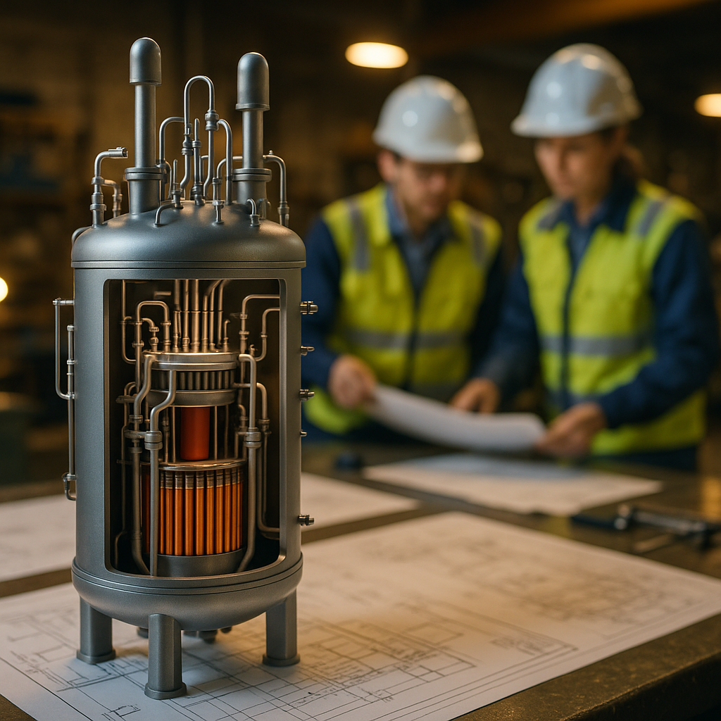 Engineering model of a small modular reactor being examined, illustrating nuclear power climate solution 2026 technology