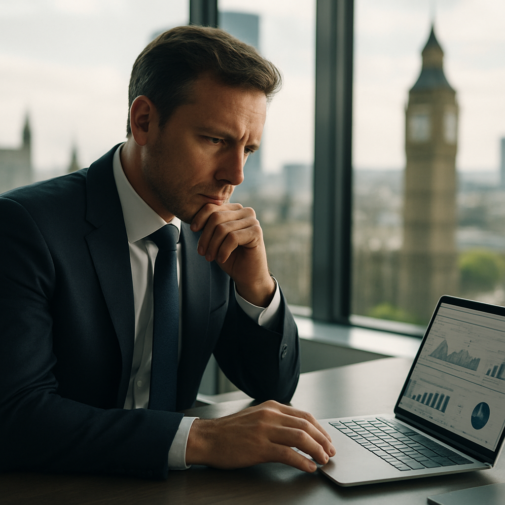 Executive reviewing personal branding strategy in a London office, illustrating personal branding AI age 2026