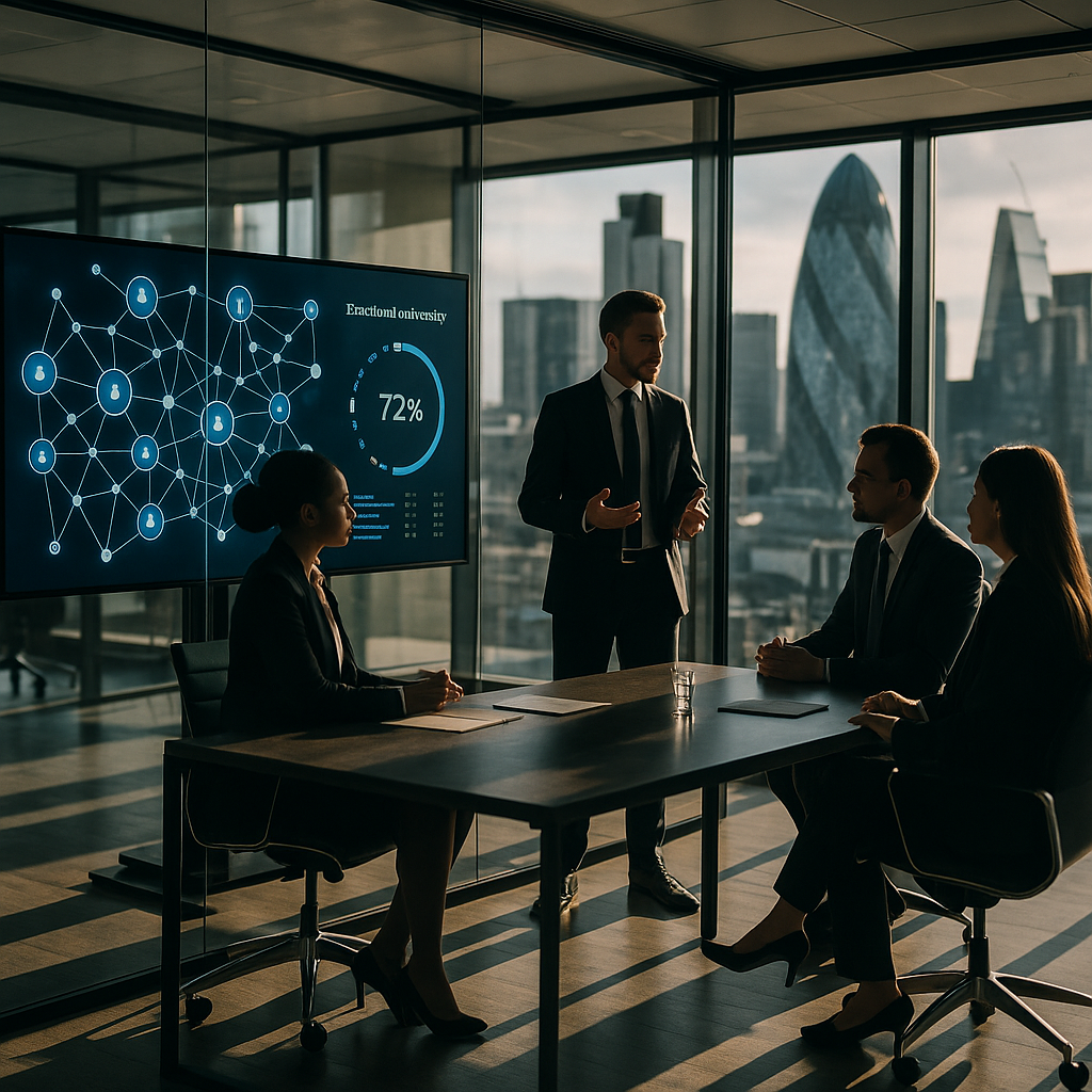 Financial professionals discussing real world asset tokenisation 2026 in a London office with digital displays