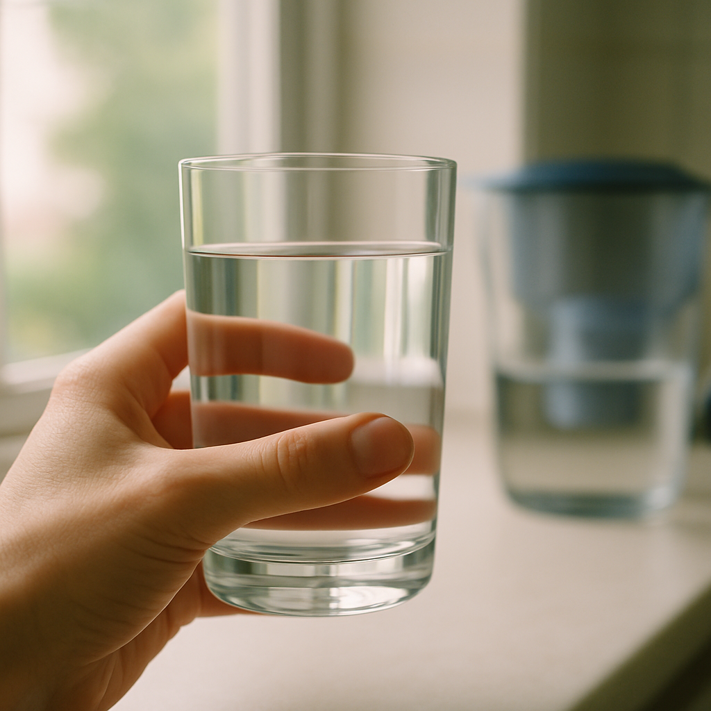 Glass of filtered water on a British kitchen counter, an everyday step to reduce microplastic contamination