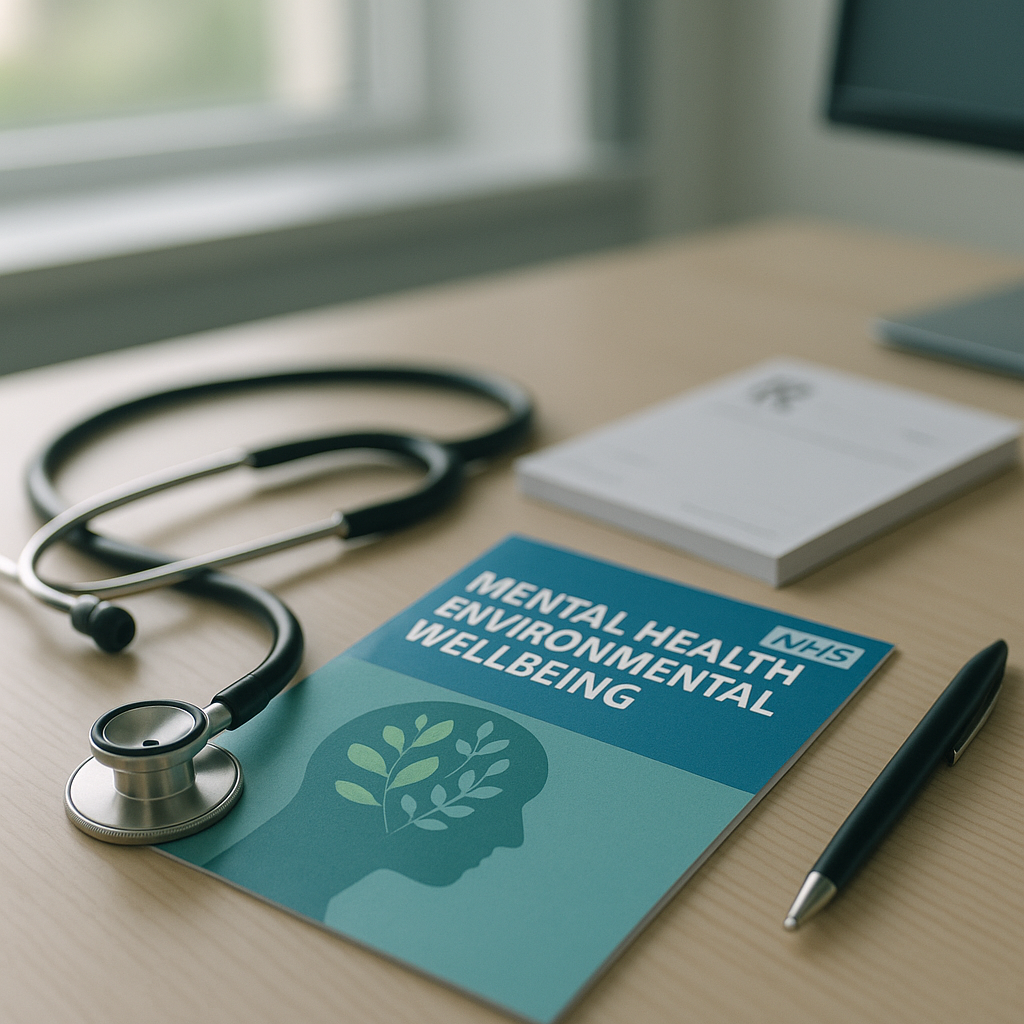 NHS GP consultation desk with mental health leaflet related to climate anxiety public health resources