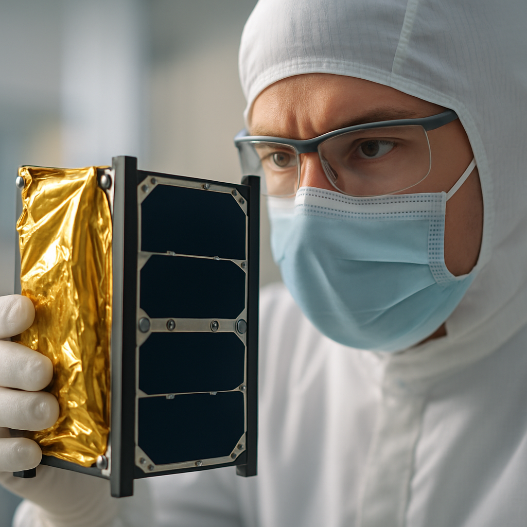 Satellite component in cleanroom environment illustrating precision engineering central to space economy investment